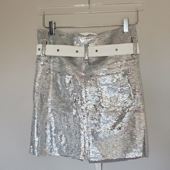 FINAL SALE Silver Sequin Belted Holiday Bling Cosplay NYE Mini Skirt - Picture 4 of 13